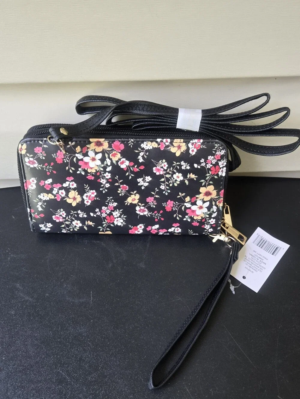 Black Floral Crossbody Bag with Gold Accent